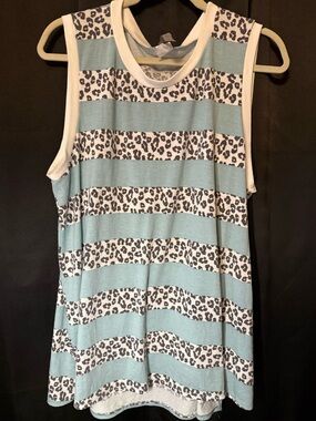 Honeyme Curve Striped Leopard Print Sleeveless Tank - turquoise & White
